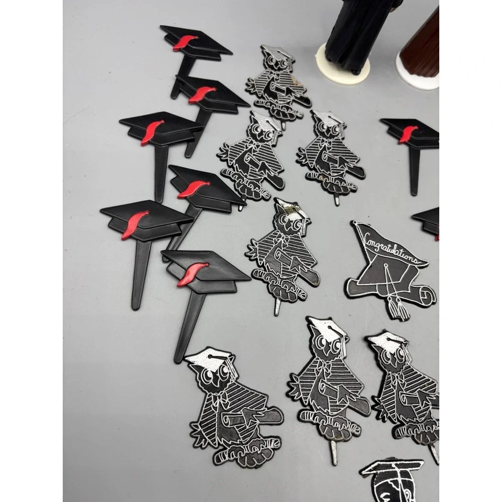 Lot Vintage Graduation Themed Cupcake Picks‎ & Cake Toppers Set Black